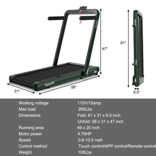 4.75HP 2 In 1 Folding Treadmill with Remote APP Control-Green
