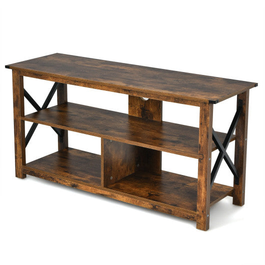 3 Tier Wood TV Stand for 55-Inch with Open Shelves and X-Shaped Frame-Brown