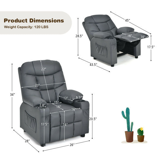 PU Leather Kids Recliner Chair with Cup Holders and Side Pockets-Gray
