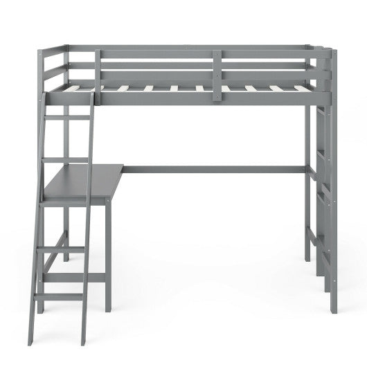 Twin Size Loft Bed Frame with Desk Angled and Built-in Ladder-Gray