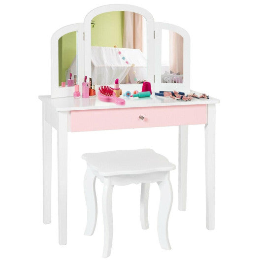 Kids Princess Make Up Dressing Table with Tri-folding Mirror and Chair-White