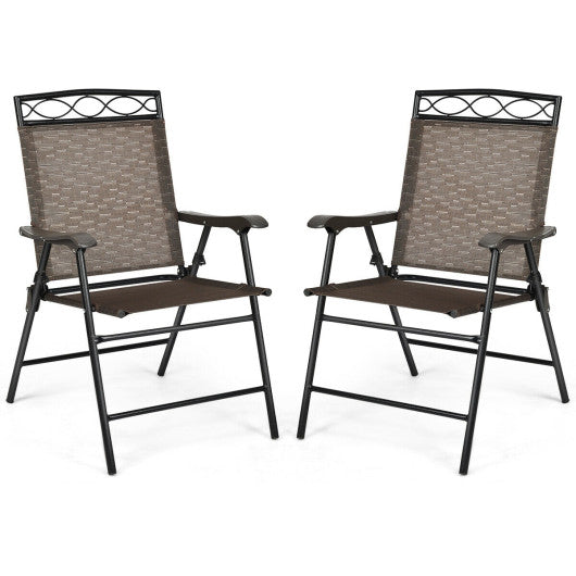 Set of 2 Patio Folding Chairs Sling Portable Dining Chair Set with Armrest