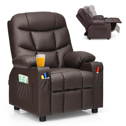 PU Leather Kids Recliner Chair with Cup Holders and Side Pockets-Brown
