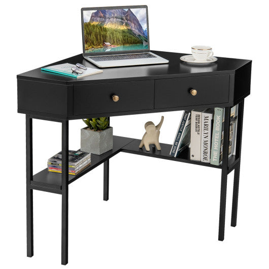 Space Saving Corner Computer Desk with 2 Large Drawers and Storage Shelf-Black