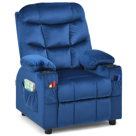 Kids PU Leather/Velvet Fabric Kids Recliner Chair with Cup Holders-Light Blue