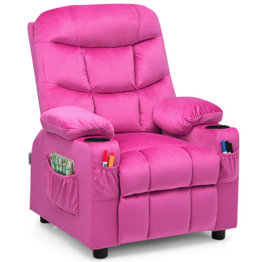Kids PU Leather/Velvet Fabric Kids Recliner Chair with Cup Holders-Pink