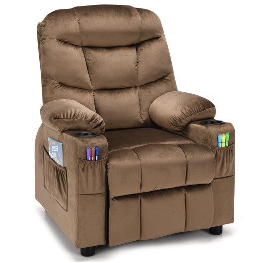 Kids PU Leather/Velvet Fabric Kids Recliner Chair with Cup Holders-Light Brown