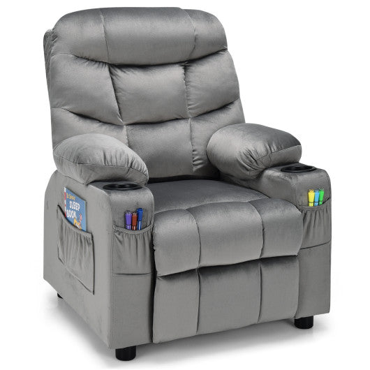 Kids PU Leather/Velvet Fabric Kids Recliner Chair with Cup Holders-Light Gray