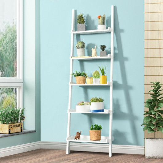 5-Tier Wall-leaning Ladder Shelf Display Rack for Plants and Books-White