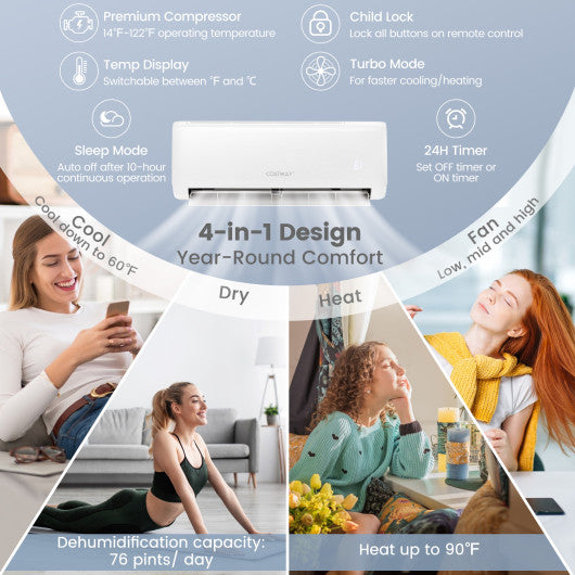 22000 BTU 21 SEER2 208-230V Ductless Mini Split Air Conditioner and Heater