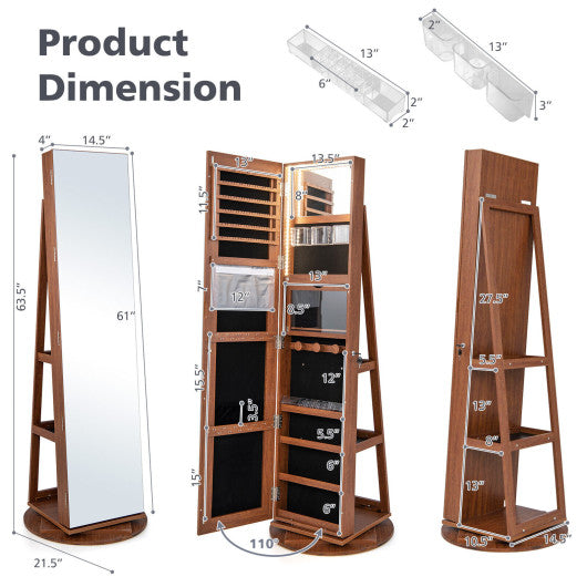 360 ° Rotating Mirrored Jewelry Cabinet Armoire 3 Color LED Modes Lockable-Dark Brown