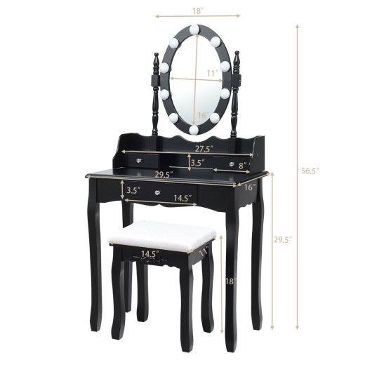 Oval Mirror Vanity Set with 10 LED Dimmable Bulbs and 3 Drawers-Black