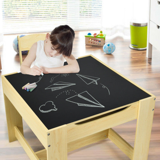 Kids Table Chairs Set With Storage Boxes Blackboard Whiteboard Drawing-Natural