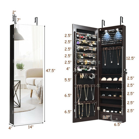 Wall and Door Mounted Mirrored Jewelry Cabinet with Lights-Brown
