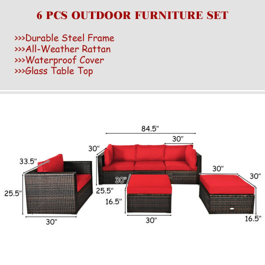 6 Pcs Patio Rattan Furniture Set with Sectional Cushion-Red