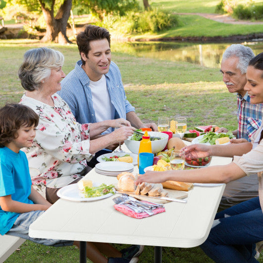 Indoor and Outdoor Folding Picnic Table Bench Set with Wood-like Texture-White