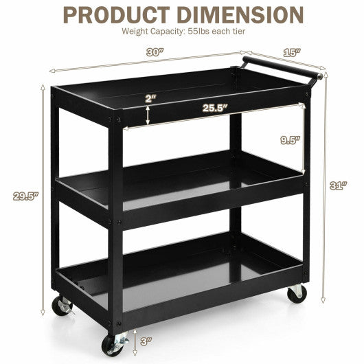 3-Tier Utility Cart Metal Mental Storage Service Trolley-Black