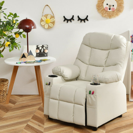 PU Leather Kids Recliner Chair with Cup Holders and Side Pockets-Beige