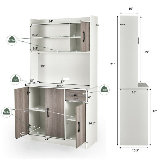 4-Door Freestanding Kitchen Buffet with Hutch and Adjustable Shelves-White