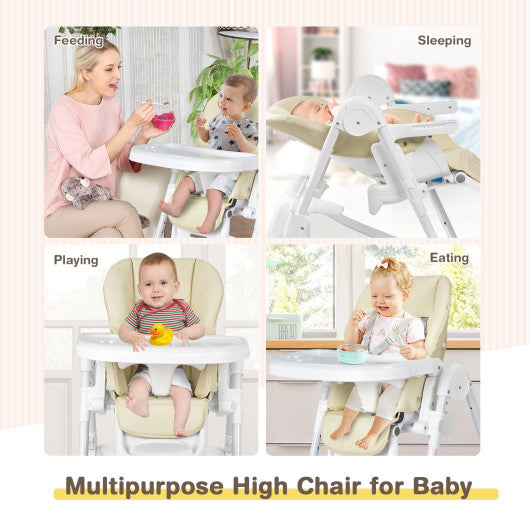 Baby Convertible Folding Adjustable High Chair with Wheel Tray Storage Basket -Beige