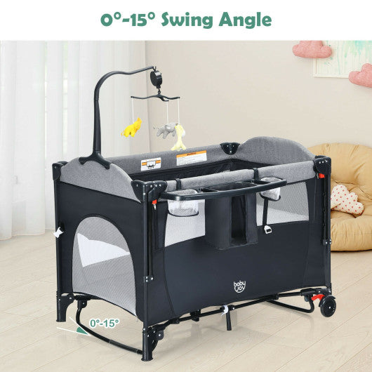 5-in-1 Baby Nursery Center Foldable Toddler Bedside Crib with Music Box-Black