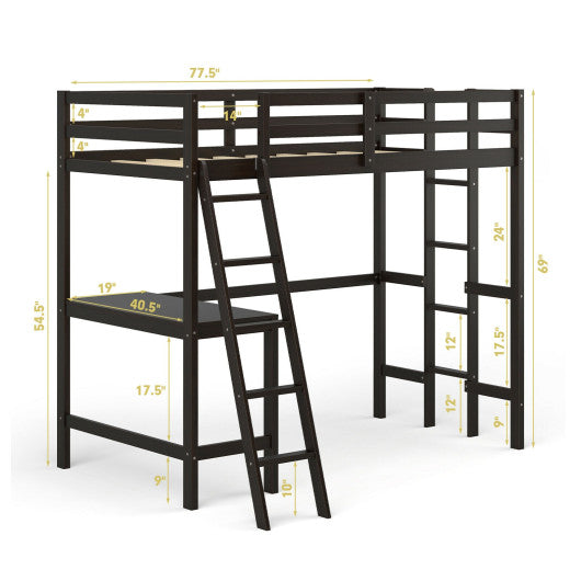 Twin Size Loft Bed Frame with Desk Angled and Built-in Ladder-Espresso