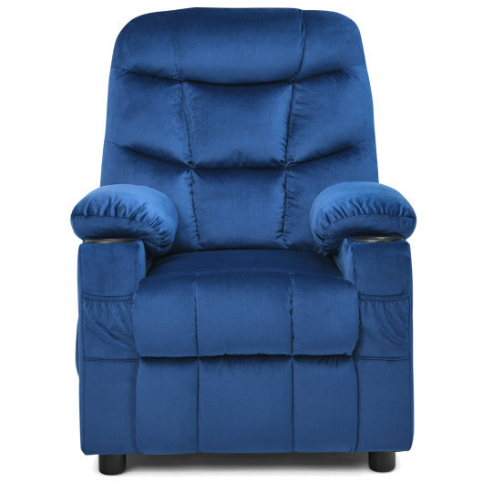Kids PU Leather/Velvet Fabric Kids Recliner Chair with Cup Holders-Light Blue