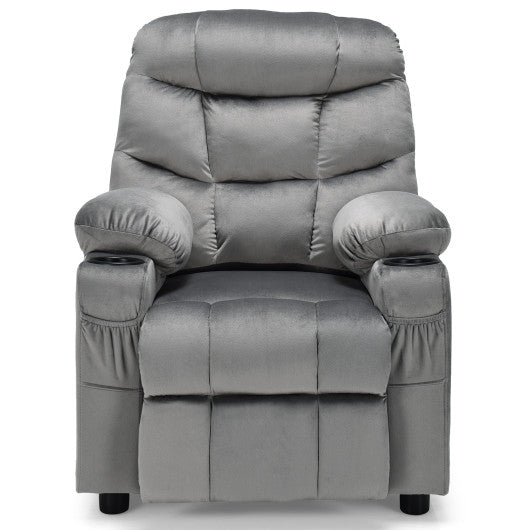 Kids PU Leather/Velvet Fabric Kids Recliner Chair with Cup Holders-Light Gray