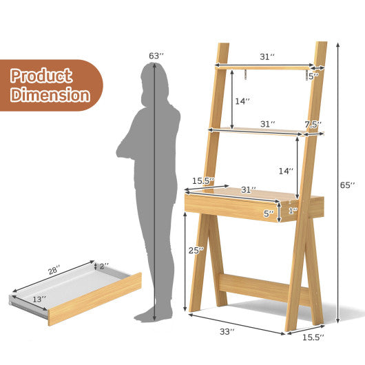 Ladder Shelf Desk Bookcase with Countertop Drawer and 2 Shelves-Natural