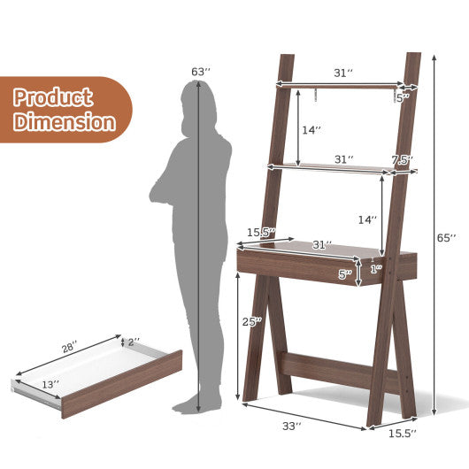 Ladder Shelf Desk Bookcase with Countertop Drawer and 2 Shelves-Walnut