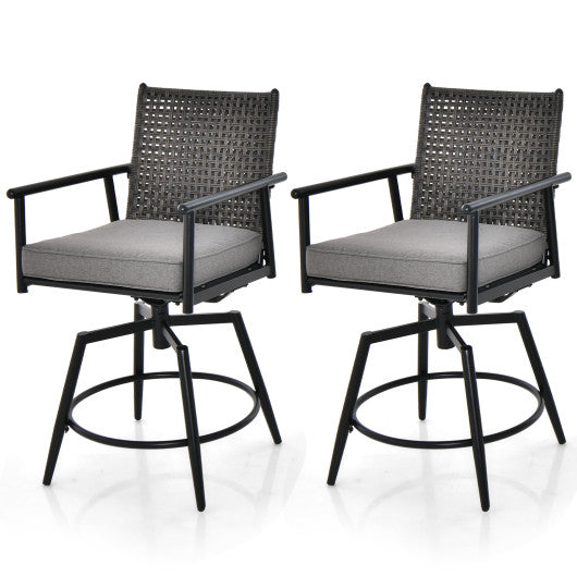 360 Degree Swivel Bar Stool Set of 2 with Metal Frame and PE Rattan Backrest-Black