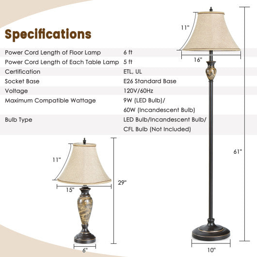 3-Piece Table and Floor Lamp Set with Linen Fabric Lamp Shades