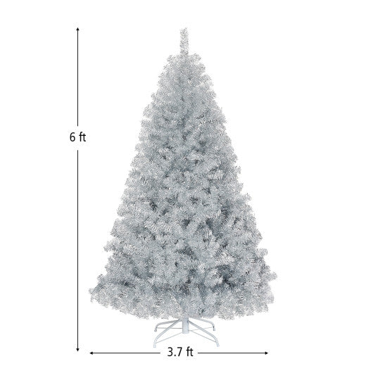 6 Feet Hinged Unlit Artificial Silver Tinsel Christmas Tree with Metal Stand