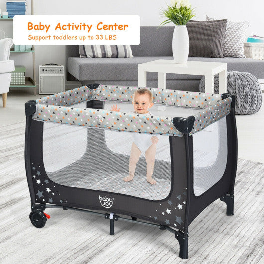 Portable Baby Playpen with Mattress Foldable Design-Gray