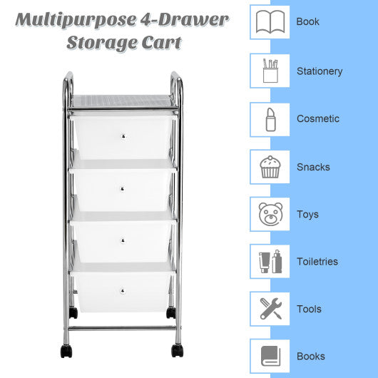 4-Drawer Cart Storage Bin Organizer Rolling with Plastic Drawers-White