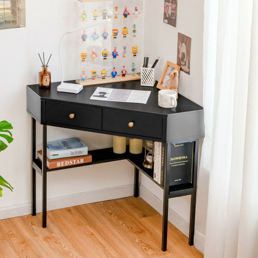 Space Saving Corner Computer Desk with 2 Large Drawers and Storage Shelf-Black