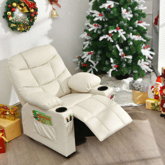 PU Leather Kids Recliner Chair with Cup Holders and Side Pockets-Beige