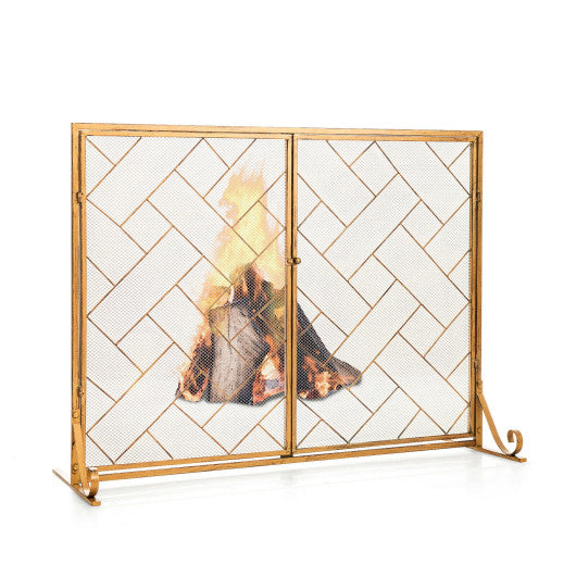 3-Panel Folding Wrought Iron Fireplace Screen with Doors and 4 Pieces Tools Set-Golden