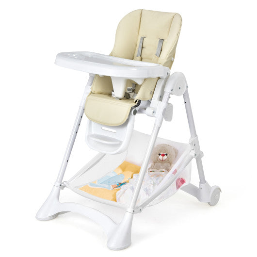 Baby Convertible Folding Adjustable High Chair with Wheel Tray Storage Basket -Beige