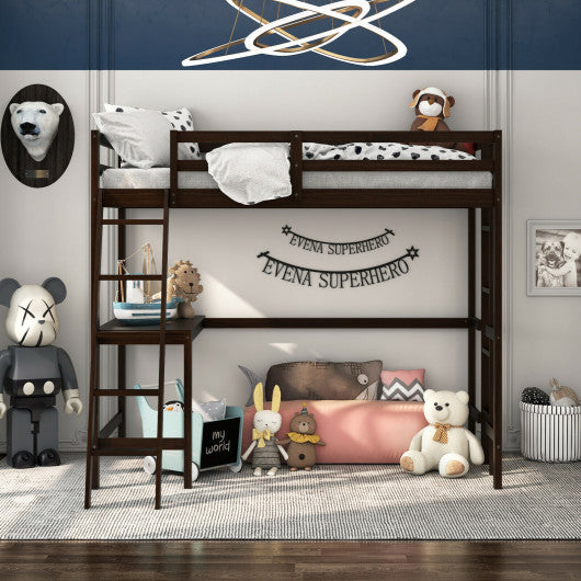 Twin Size Loft Bed Frame with Desk Angled and Built-in Ladder-Espresso