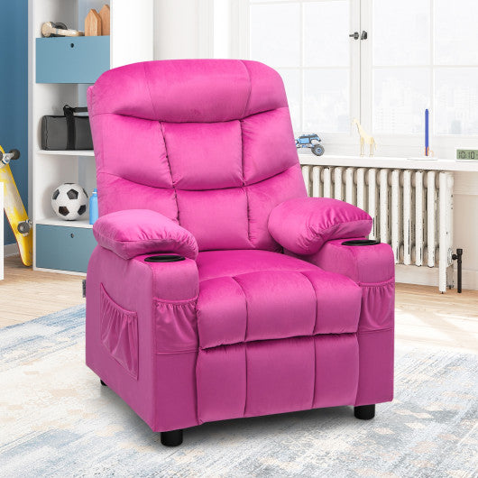 Kids PU Leather/Velvet Fabric Kids Recliner Chair with Cup Holders-Pink