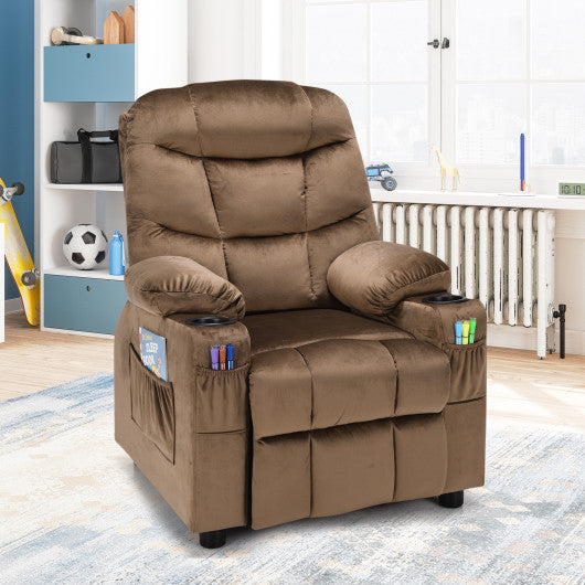 Kids PU Leather/Velvet Fabric Kids Recliner Chair with Cup Holders-Light Brown