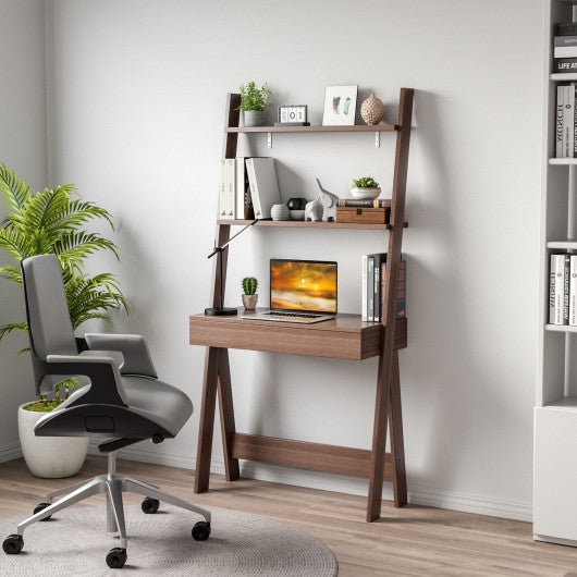 Ladder Shelf Desk Bookcase with Countertop Drawer and 2 Shelves-Walnut