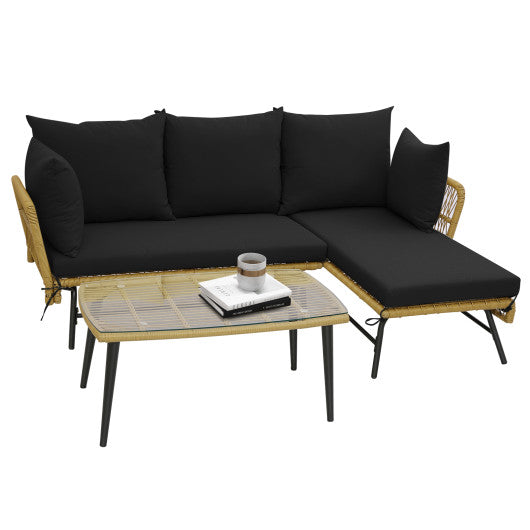 3 Pieces L-Shaped Patio Sofa with Cushions and Tempered Glass Table-Black