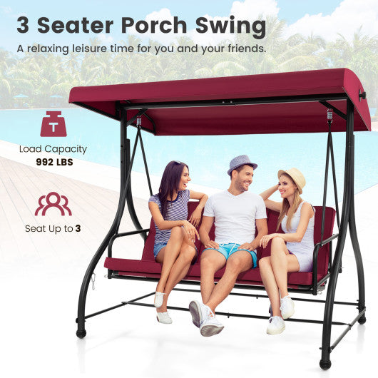 3 Seat Outdoor Porch Swing with Adjustable Canopy-Wine