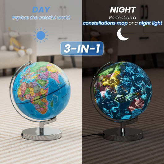 3-in-1 Illuminated World Globe with Stand and 88 Constellations