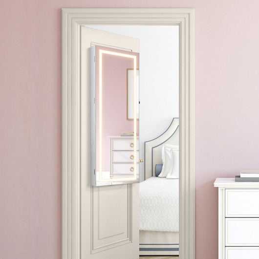42.5 Inches Lockable Jewelry Mirror Wall Cabinet with 3-Color LED Lights-White