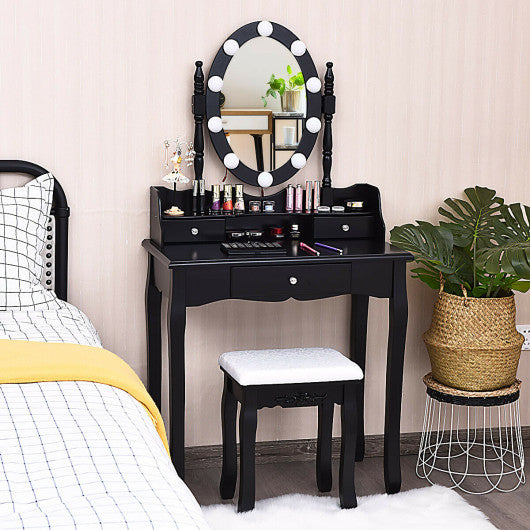 Oval Mirror Vanity Set with 10 LED Dimmable Bulbs and 3 Drawers-Black