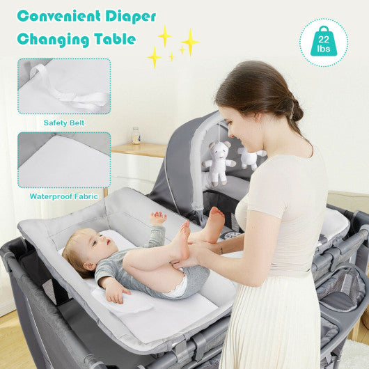 4-in-1 Convertible Portable Baby Play yard with Toys and Music Player-Gray