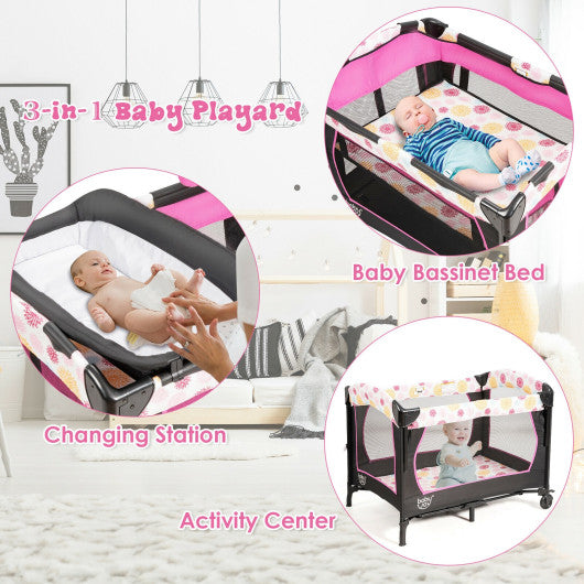3-in-1 Convertible Portable Baby Playard with Music Box and Wheel and Brakes-Pink